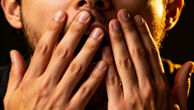 Rimlit male hands covering mouth closeup showing shock emotion low-key dramatic portrait