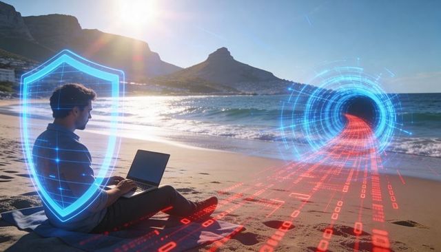 Male working remotely on beach with holographic cyber shield and data tunnel