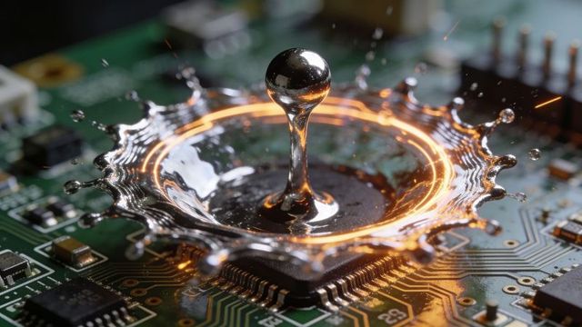 Liquid metal droplet creating crown splash on microchip with glowing copper halo macro
