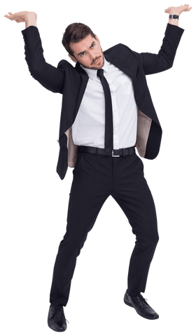 Confused businessman lifting something transparent