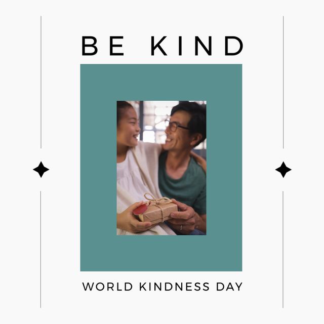 Image shows an Asian father and daughter smiling together while holding a gift, emphasizing the concept of kindness, love, and family connection. This imagery can be used in campaigns promoting World Kindness Day, family values, or gift-giving during any special occasion.