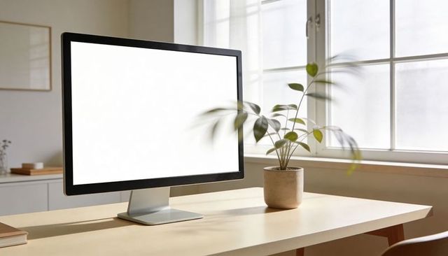Minimalist home office monitor displaying blank white screen with potted plant on desk