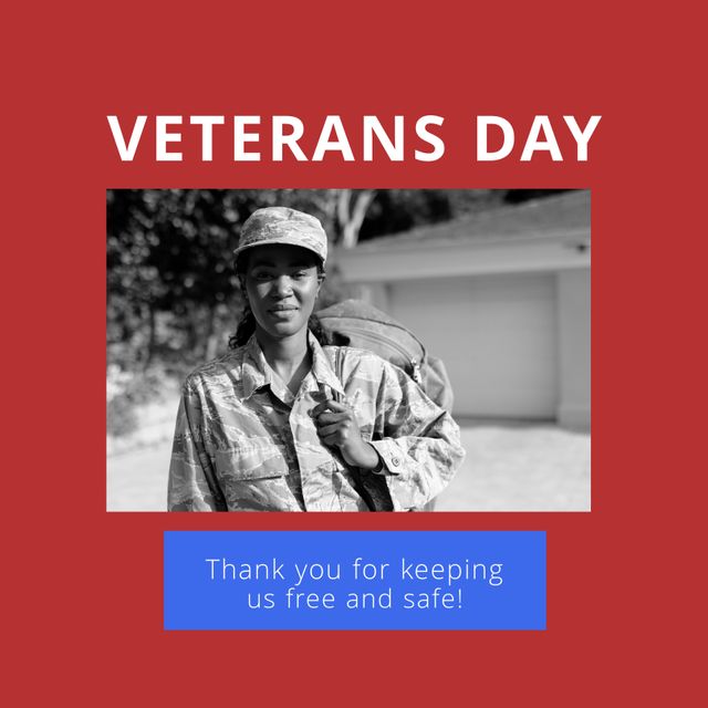 Composition of veterans day text over african american female soldier. Veterans day and celebration concept digitally generated image.