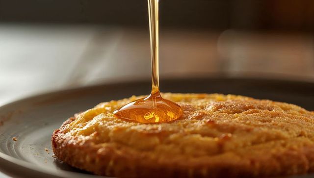 Drizzling honey over golden pancake, glossy syrup pool, close-up breakfast