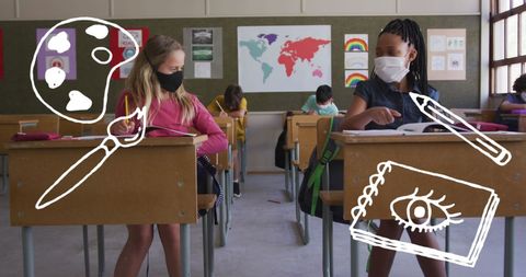 Masked students engaging in school art with virtual doodlings