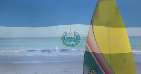 Surfboard on Tropical Beach with El Salvador Flag