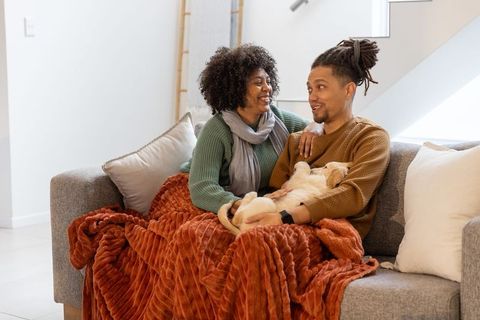 African american couple cuddling on sofa holding puppy under rust blanket, cozy home
