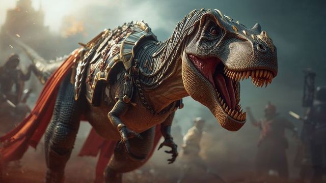 Armored dinosaur charging battlefield in epic fantasy scene