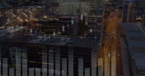 Financial Data Rendering Over Urban Cityscape at Dusk