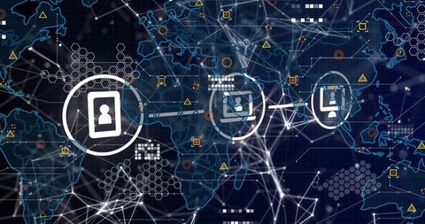 Digital Connection and Global Network Visualization with World Map Overlay