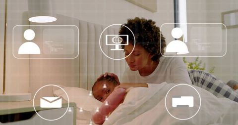 Caregiver comforting child at bedside with soft digital ui overlay suggesting smart home care