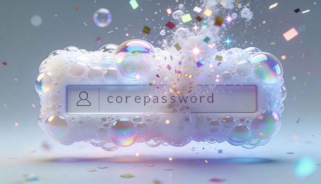 Iridescent Bubble-Wrapped Login Field Floating with User Icon and Confetti Sparkle