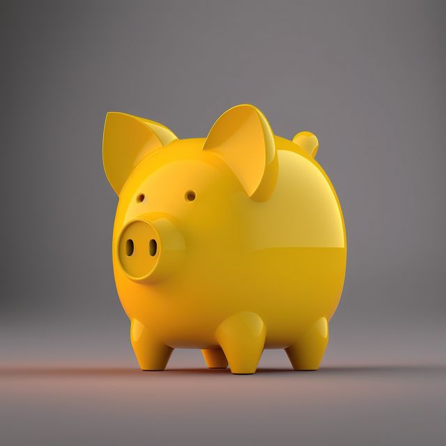 Bright yellow piggy bank with glossy finish stands alone against a neutral blurred background. Excellent for illustrating financial concepts, child savings, investment opportunities, or modern design elements in blogs, articles, or advertising.