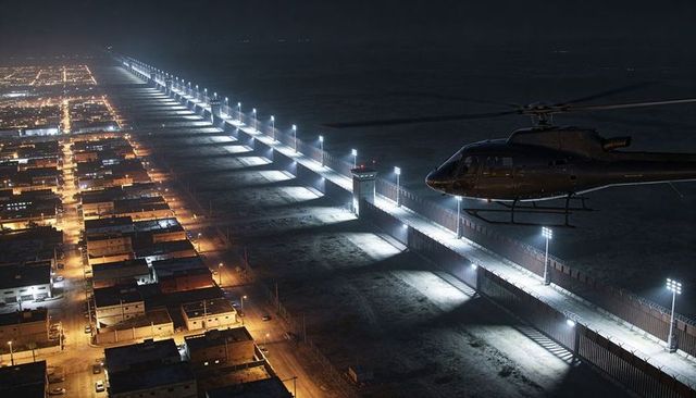Hovering helicopter over illuminated border wall with watchtowers and patrol road at night
