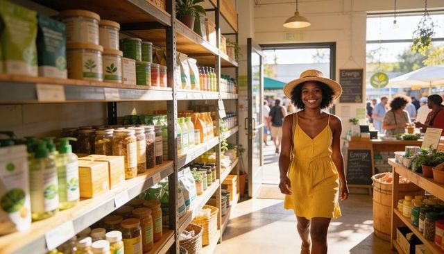 Smiling woman walking through sunlit natural foods shop in straw hat and yellow dress