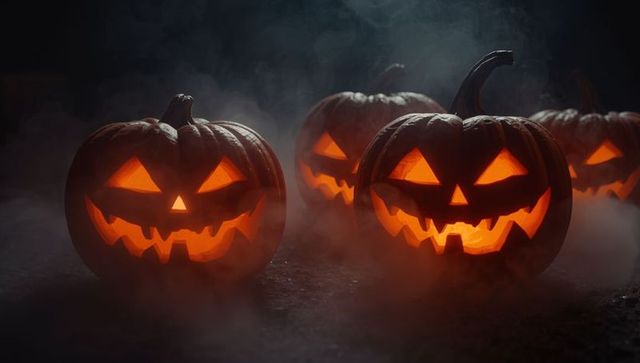 Glaring Jack-o'-Lanterns in Swirling Fog on Night Asphalt