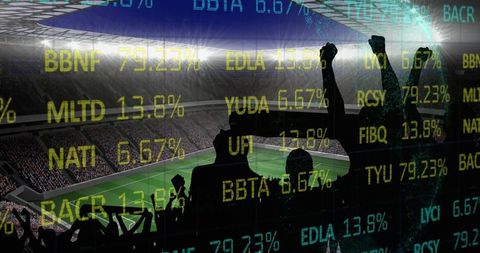 Silhouettes of Fans Cheering Overlapping Stock Market Data Display