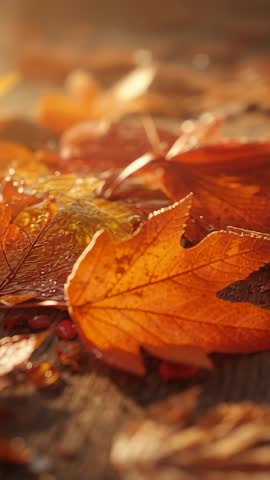 Vertical Autumn Macro Shifting Focus on Dewy Orange Maple Leaves with Red Berries