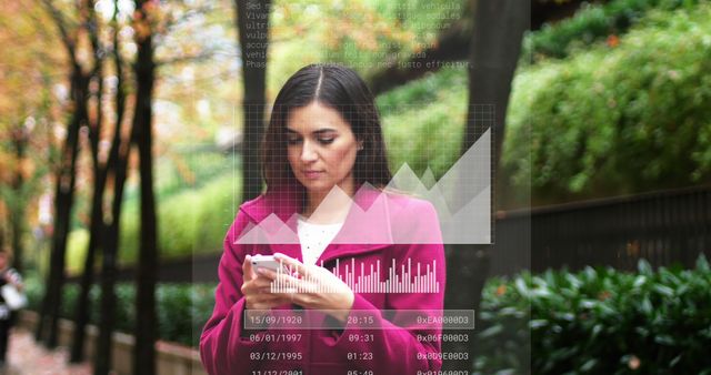 Businesswoman Monitoring Digital Data Outdoors with Graph Overlay - Download Free Stock Images Pikwizard.com