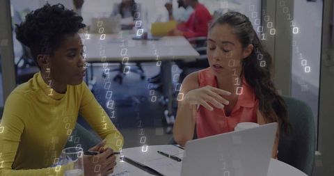 Collaborative Discussion in Modern Office with Tech Overlay