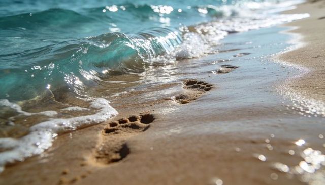 Barefoot footprints trailing along wet sand with turquoise waves lapping shoreline