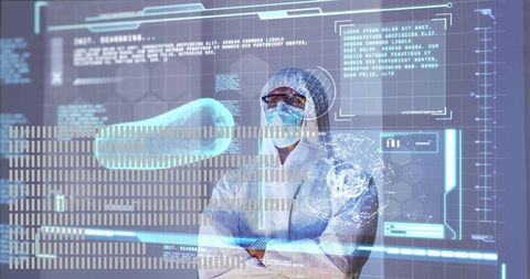 Biomedical researcher analyzing holographic pill and brain network in sterile cleanroom