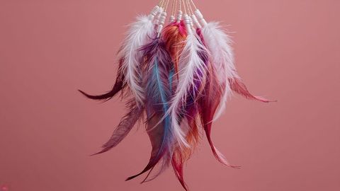 Bohemian hanging with multicolored dreamcatcher feathers and braided cords