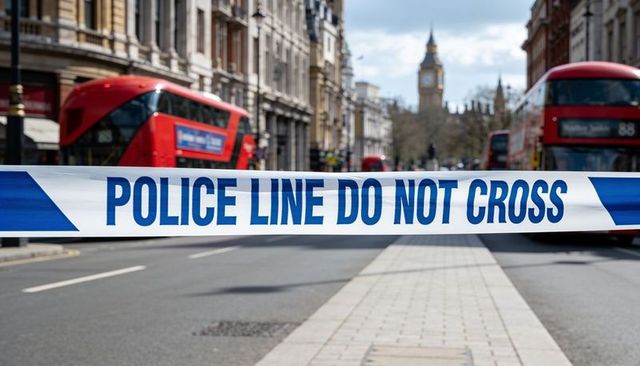 Police line blocking central london street with red buses and big ben in distance