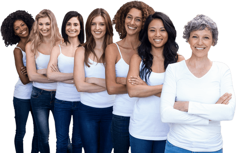 Transparent smiling multigenerational women posing confidently