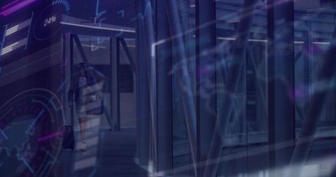 Business traveler walking through futuristic terminal corridor with digital hud overlay