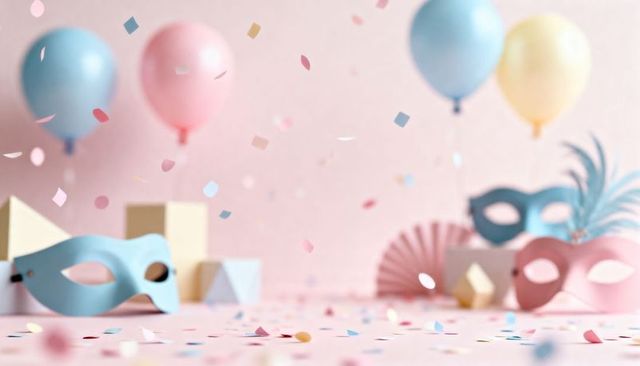 Pastel masquerade party scene with blue mask, balloons and falling confetti on pink backdrop
