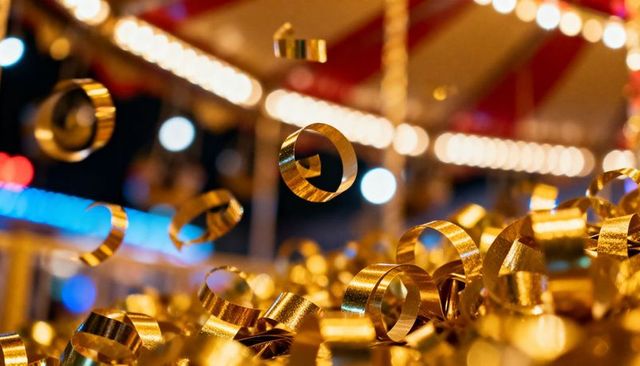 Gold streamers and metallic ribbon curls falling amid carnival lights and bokeh