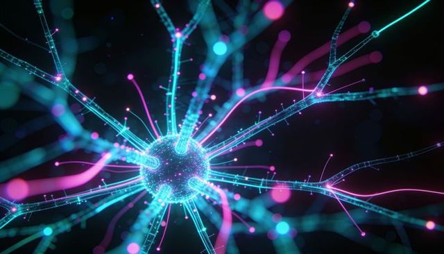 Pulsing neon neural core emitting glowing filaments in futuristic network
