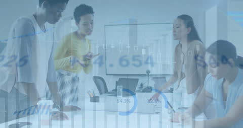 Business Team Analyzing Financial Data with Virtual Graphs