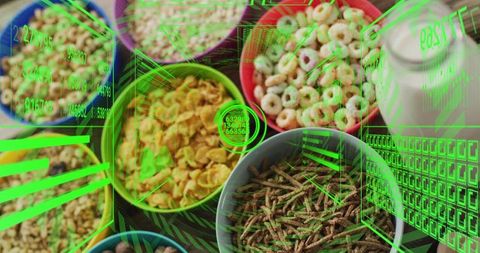Colorful breakfast cereal flatlay with milk jug and augmented reality hud overlays