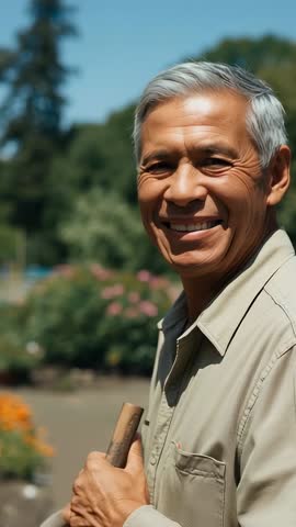 Senior gardener smiling and holding hoe in sunny garden, posing for vertical video