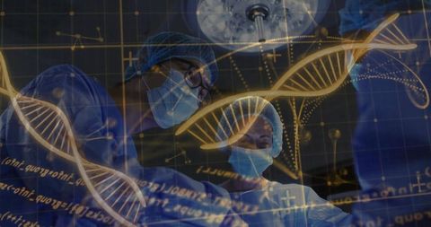 Surgical team performing precision genomics-guided operation with dna holograms overlay