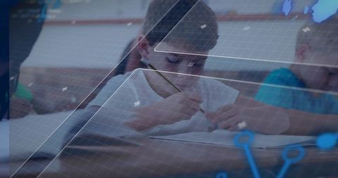 Student collaborating on educational projects with high-tech overlay