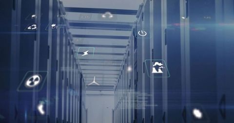 Futuristic Energy Management in Data Center with Glowing Icons
