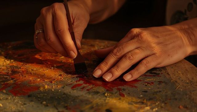 Artist hands applying paint on textured mixed-media panel under warm light