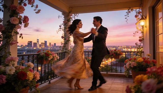 Couple dancing on flower-lined rooftop terrace at sunset, elegant eveningwear romance