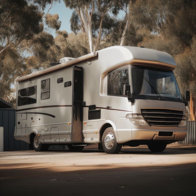Modern RV with large windows parked on a sunny day in an outdoor location with tall trees in the background. Ideal for promoting outdoor activities, travel and adventure lifestyle. Perfect for brochures, ads, camping guides, vacation planning, or travel blogs.
