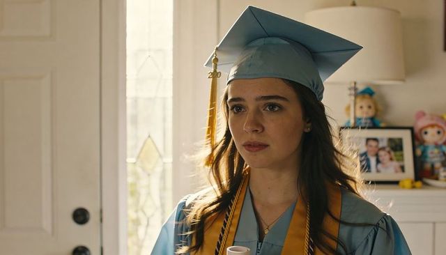 Young woman graduating holding diploma wearing blue cap and gown with gold stole