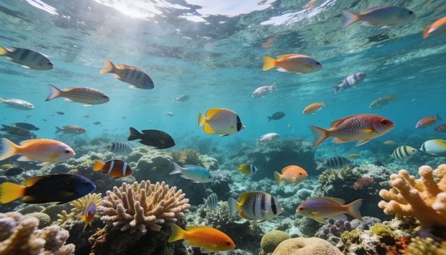 Sunlit tropical reef with colorful fish schooling above staghorn and boulder corals