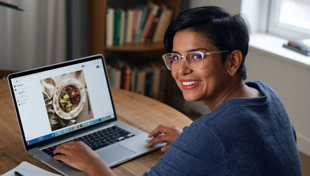 Smiling woman editing food blog page on laptop while working at cozy home workspace