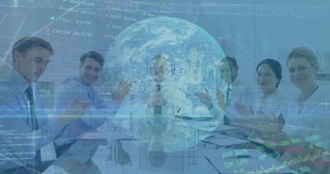 Executives Applauding Presentation with Holographic Data - Download Free Stock Images Pikwizard.com