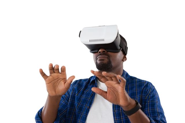 Close-up of man gesturing while using virtual reality headset