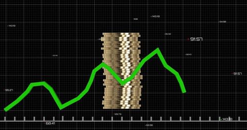 Pixelated stacked gold coin column with green line graph on dark financial grid dashboard