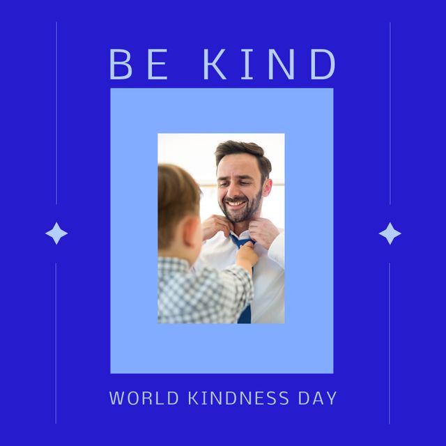 Composition of world kindness day text over smiling caucasian father with son. World kindness day, love and relationships concept.