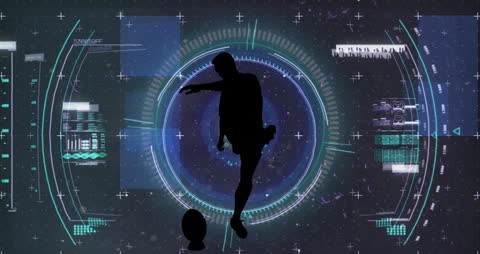 Rugby Player Silhouette with High-Tech Data Overlay Graphics